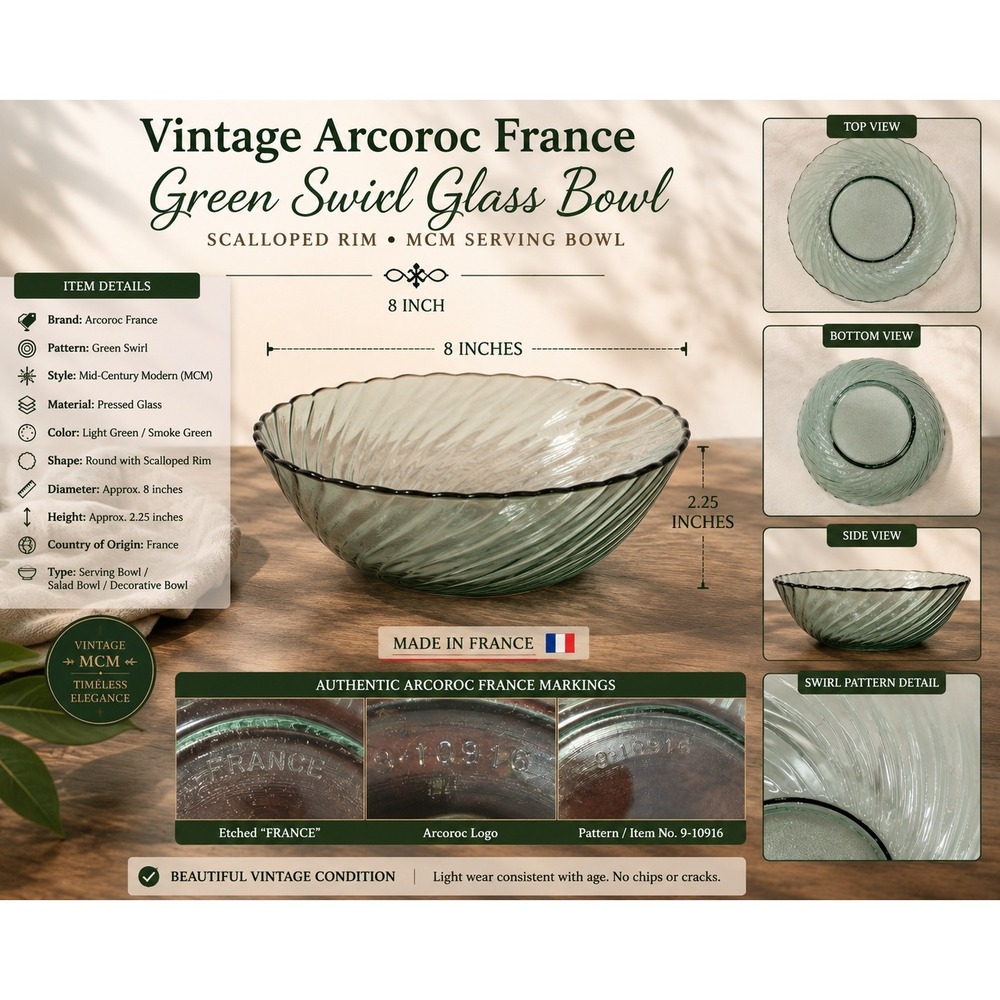 Arcoroc France Spiral Swirl Green‎ Glass Serving Bowl Mid Century Modern